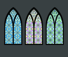 Vector Illustration Set Of Antique Stained Glass Windows Made Of Colored Glass