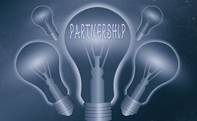 Poster - Conceptual hand writing showing Partnership. Concept meaning business type in which two or more individuals share ownership Realistic colored vintage light bulbs, idea sign solution