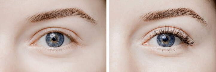 Before and after eyelash extension procedure. Beautiful and expressive eyes of young woman with fake long lashes