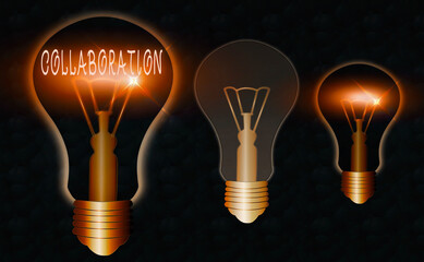 Poster - Conceptual hand writing showing Collaboration. Concept meaning process of two or more showing working together to achieve a goal Realistic colored vintage light bulbs, idea sign solution