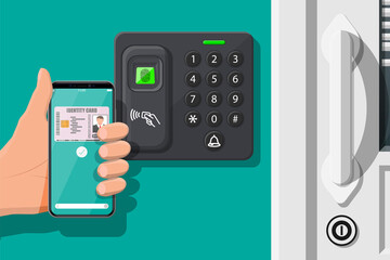 Poster - Password and fingerprint security device at office or home door. Hand with smartphone with id card application. Access control machine, time attendance. Proximity card reader. Flat vector illustration