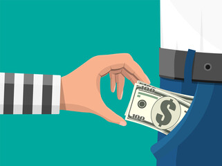 Human hand in prison robe takes money cash from pocket. Thief pickpocket stealing dollars banknotes from jeans. Crime and robbery concept. Flat vector illustration