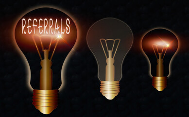 Poster - Conceptual hand writing showing Referrals. Concept meaning someone or something to research study or take any further action Realistic colored vintage light bulbs, idea sign solution