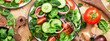 © 5ph - Spring vegan salad with spinach, cherry tomatoes, corn salad and red onion. Healthy food concept. Panoramic banner with copy space
