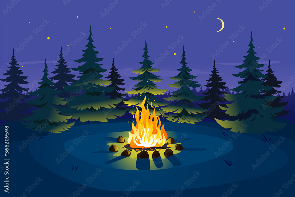 Bonfire in night spruce forest on glade and stars on sky with young moon, place for camping nature background, campfire with stones on round lawn, perfect spot to pitch tent - obrazy, fototapety, plakaty 