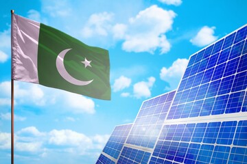 Pakistan alternative energy, solar energy concept with flag industrial illustration - symbol of fight with global warming, 3D illustration