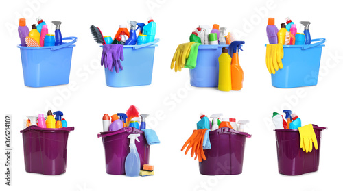 Fotografía Collage of buckets with cleaning supplies on white background