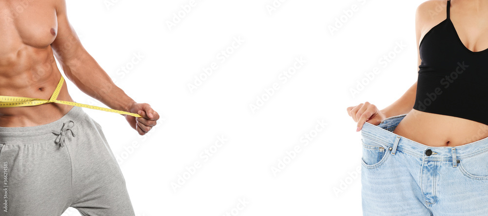 Man and woman with slim bodies on white background, closeup. Banner design - obrazy, fototapety, plakaty 