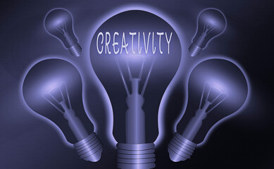 Poster - Conceptual hand writing showing Creativity. Concept meaning the imagination of original ideas in particular in the creation of art Realistic colored vintage light bulbs, idea sign solution