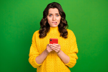 Sticker - Portrait of frustrated worried girl use smartphone feel anxious panic about social media blogging notification wear style stylish trendy jumper isolated over bright shine color background