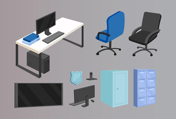 Fototapete - Office furniture flat color vector objects set