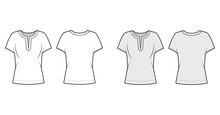 Blouse Technical Fashion Illustration With Split Neckline, Relaxed Silhouette, Wide Short Cap Sleeves. Flat Apparel Shirt Template Front, Back, White Grey Color. Women Men Unisex Top CAD Mockup