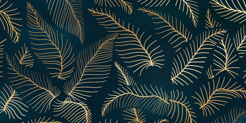 Luxury gold and nature  background vector. Floral pattern, Golden split-leaf plant with abstract line arts, Vector illustration.