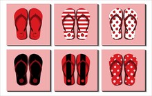 Set Of Colorful Flip Flops, Beach Sandals. Different Apple Fruit Patterns, Stripe, Icon, Etc. Flat Design Vector Illustration.