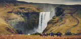 Fototapeta Natura - Impressively beautiful nature of Iceland during sunset. Skogafoss waterfall is one famous natural landmark and travel destination place of Iceland. Tourists ride horses near famouse waterfall.