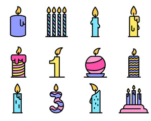 Poster - Birthday candle icons set. Outline set of birthday candle vector icons thin line color flat on white