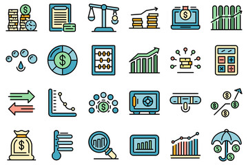Poster - Credit score icons set. Outline set of credit score vector icons thin line color flat on white