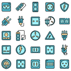Poster - Power socket icons set. Outline set of power socket vector icons thin line color flat on white
