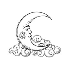 Magic Crescent Moon With Face, Line Drawing Isolated On White Background. Astrological And Esoteric Design Element. Stock Illustration, Engraving Stylization