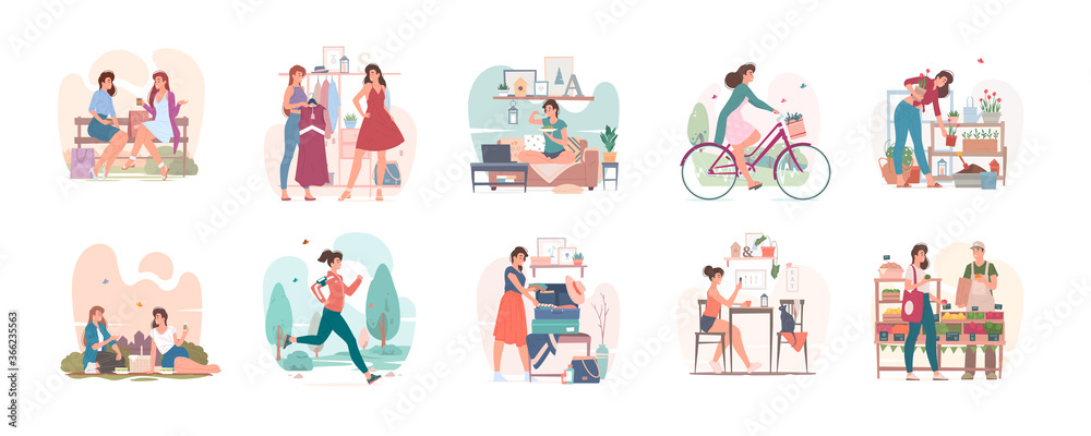 Ordinary day of young woman in city set of vector illustrations - obrazy, fototapety, plakaty 