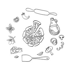 Wall Mural - Pizza with ingredients hand drawn set. Doodle food isolated on white background. Vector illustration.