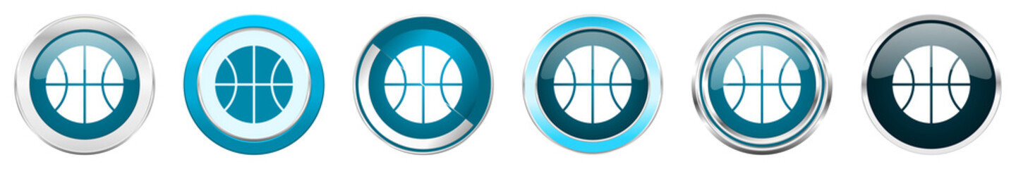 Poster - Ball silver metallic chrome border icons in 6 options, set of web blue round buttons isolated on white background