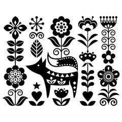 Wall Mural - Scandinavian cute monochrome folk art vector design with flowers and fox, floral pattern perfect for greeting card or invitation inspired by traditional embroidery from Sweden, Norway and Denmark
