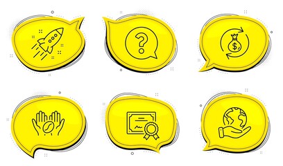 Aufkleber - Startup rocket sign. Diploma certificate, save planet chat bubbles. Money exchange, Question mark and Coffee line icons set. Cash in bag, Help support, Roasted bean. Business innovation. Vector
