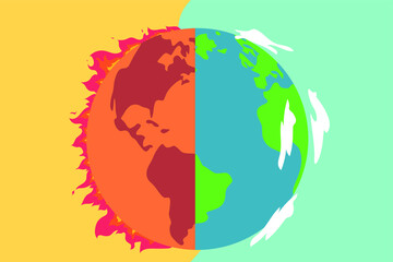 Global warming vector concept: burning and clean earth planet on both left and right sides