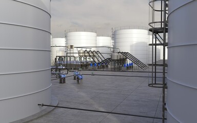 oil refinery, chemical production, waste processing plant, exterior visualization, 3D illustration