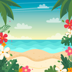 Summer beach landscape with floral frame. Vector illustration in flat style