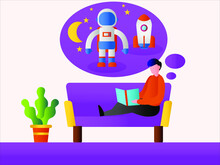 Motivation Vector Concept: Pre-teenage Boy Dreaming And Thinking Of Becoming An Astronaut While Studying And Relaxing On His Sofa
