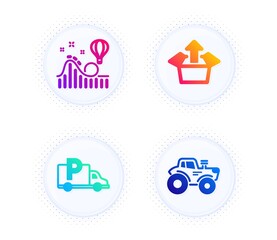 Poster - truck parking, roller coaster and send box icons simple set. button with halftone dots. tractor sign