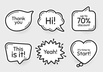 Comic chat bubbles. Time to start, 70% discount. Thank you, hi and yeah phrases. Sale shopping text. Chat messages with phrases. Drawing texting thought speech bubbles. Vector