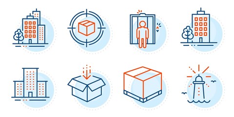 Poster - Get box, Delivery box and University campus signs. Buildings, Skyscraper buildings and Lighthouse line icons set. Elevator, Parcel tracking symbols. City architecture, Town architecture. Vector