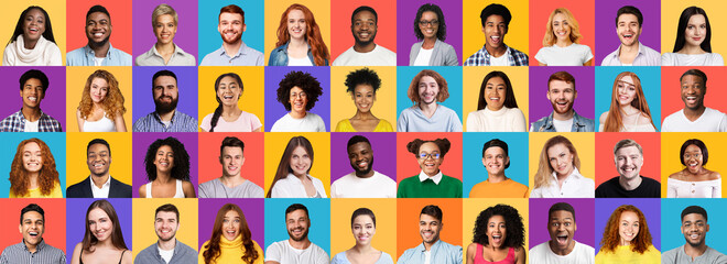 Poster - Collection Of Different Joyful Millennials Portraits On Colored Backgrounds, Panorama