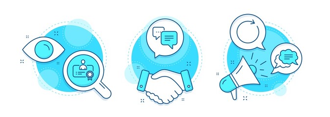 Poster - Dots message, Synchronize and Text message line icons set. Handshake deal, research and promotion complex icons. Certificate sign. Chat bubble, Refresh or update, Best employee. Technology set. Vector
