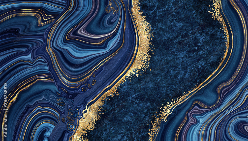 abstract background blue marble agate granite mosaic with golden veins, japanese kintsugi technique, fake painted artificial stone texture, marbled surface, digital marbling illustration - obrazy, fototapety, plakaty 