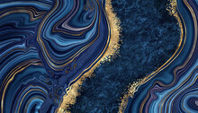 Abstract Background Blue Marble Agate Granite Mosaic With Golden Veins, Japanese Kintsugi Technique, Fake Painted Artificial Stone Texture, Marbled Surface, Digital Marbling Illustration
