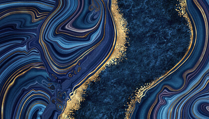 Wall Mural - abstract background blue marble agate granite mosaic with golden veins, japanese kintsugi technique,