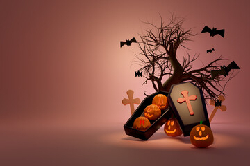 Wall Mural - Coffin and candle light in pumpkin with tree and bat for happy halloween ,Concept 3d illustration or 3d render