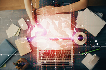 Aufkleber - Multi exposure of writing hand on background with brain hologram. Concept of learning.