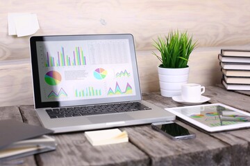 analyzing statistics on laptop screen, working with financial graphs charts online, using business s