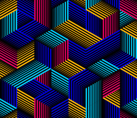 Geometric 3D seamless pattern with lined cubes, stripy boxes blocks vector background, architecture and construction, wallpaper design.