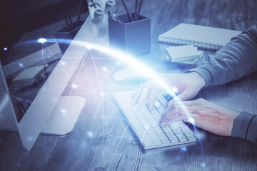 Poster - Social network theme hologram with businessman working on computer on background. Concept of world wide web. Multi exposure.