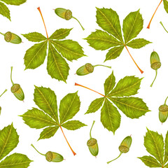 Wall Mural - Watercolor autumn leaves seamless pattern on white background. 