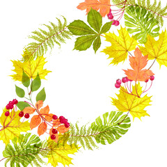 Wall Mural - Watercolor autumn beautiful round wreath of yellow and red leaves.	