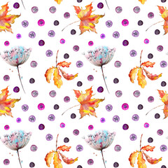 Wall Mural - Watercolor autumn leaves seamless pattern on white background. 