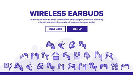 Poster - Wireless Earbuds Stereo Device Landing Web Page Header Banner Template Vector. Airpods Wireless Headphones Gadget For Listen Music And Hands Free Tool Illustrations