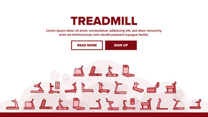 Wall Mural - Treadmill Sportive Landing Web Page Header Banner Template Vector. Treadmill Sport Device For Running, Activity And Training, Cardio Exercise Illustrations